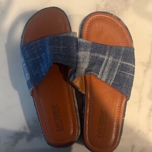 Cape Robbin Denim-Style Crossover Slide Sandals in Blue and Tan
